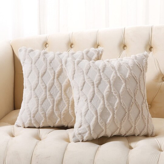 Art & Gift; Pack of 2 Faux Wool Throw Pillow Covers 20x20 Inches Decorative Farmhouse Velvet Couch Pillow Case Soft Plush Square Boho Cushion Pillowcase, Embroidery, Geometric, Home, Beige; Category:Pillows & Throws; Image:1